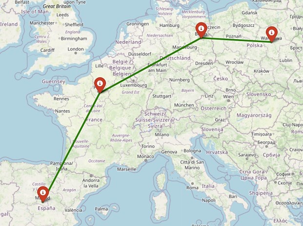 Trasa Gemini Advanced — minimalizacja przeładunków: Warszawa, Szczecin, Paryż, Madryt